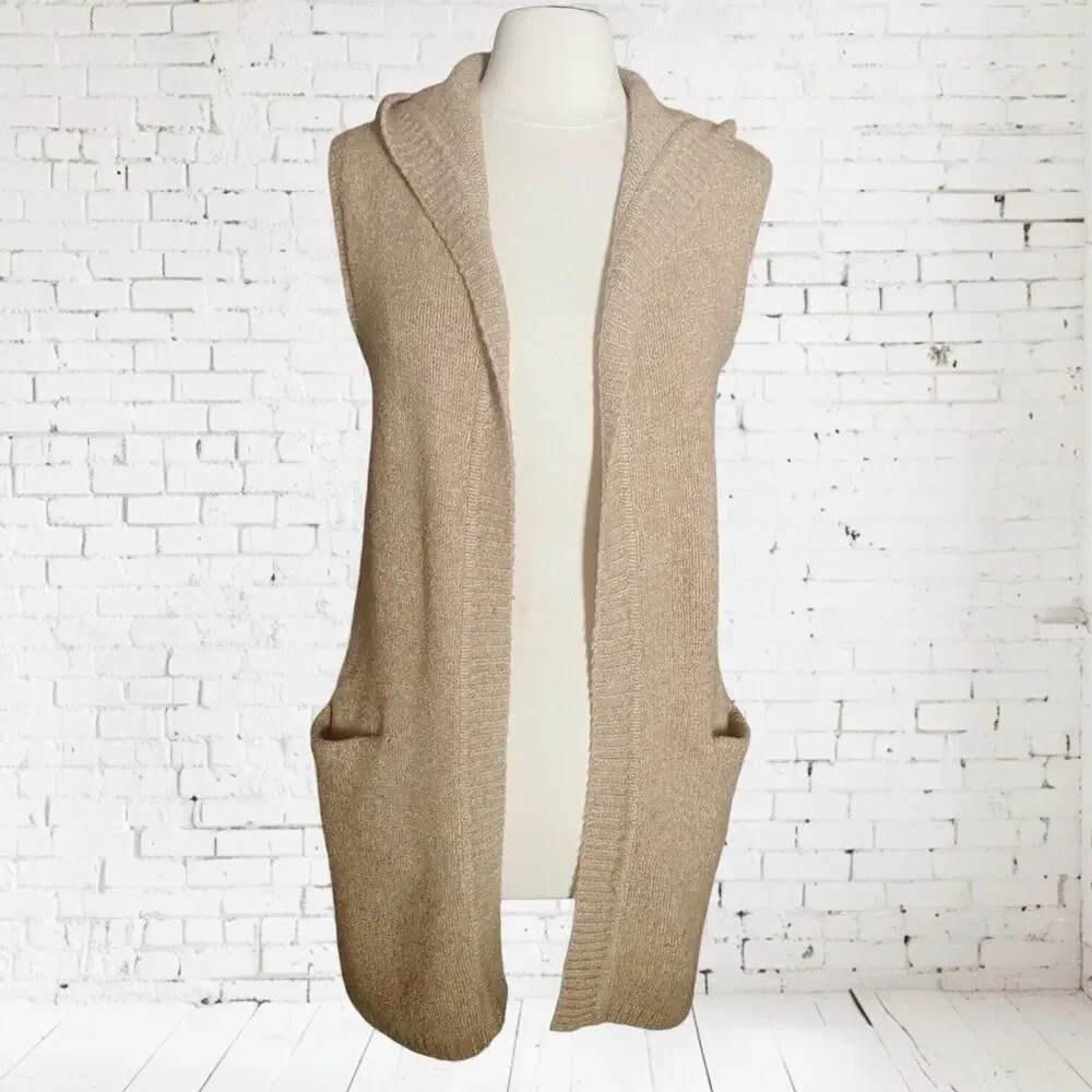 Tahari Cardigan Sweater Hoodie Vest Size M Womens Camel Tan Wool Blend Pockets‎